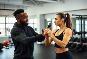 Personal trainer in Aberdeen helping a client achieve fitness goals.